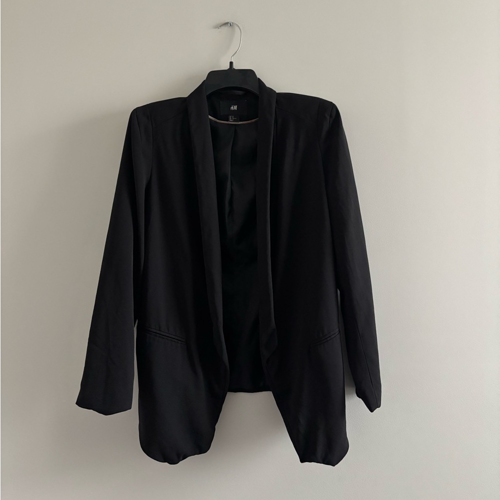 H&M Blazer Jacket Black Fully Lined Shawl Collar Open Stretch Womens 12 Office